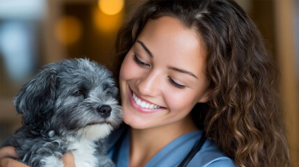 Woman Smiling and Cuddling a Small Dog in a Loving Embrace.