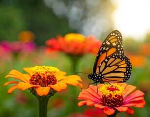 Obraz premium Monarch butterfly rests on vibrant orange flower amidst a blurred garden under bright sunlight