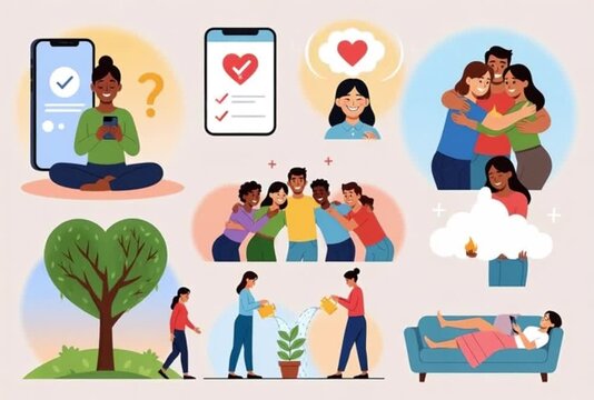 Diverse Group of People Engaging in Self-Care Activities for Mental Wellness and Positive Relationships