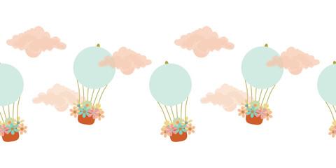 Hot air balloon border, sky strip illustration. Air balloon seamless border, cloud motif for kids. Hot air balloon travel border, pastel nursery strip © VasilisaStArt