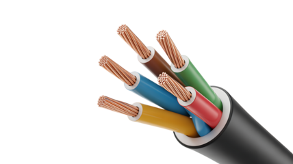 Close up of a multi colored electrical cable with exposed wires isolated on transparent background