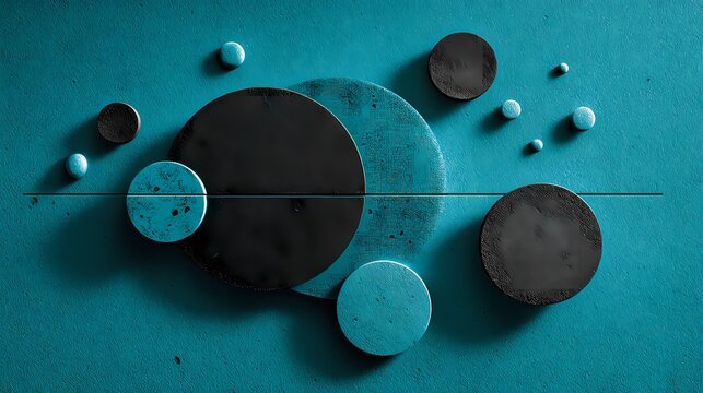 Abstract circular composition featuring teal and black spheres on a blue background