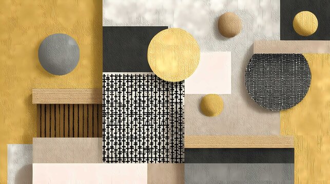 Abstract geometric collage with circles, rectangles and wooden textures in gold, black and beige