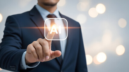 Man pointing at floating AI icon, soft glowing bokeh background, cinematic rim light, professional business style