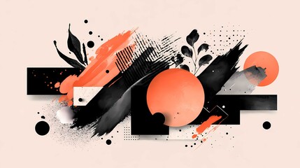 Abstract geometric composition featuring brush strokes and circular shapes on a peach background