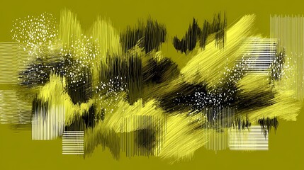 Abstract brushstroke composition with yellow black lime tones and textured patterns