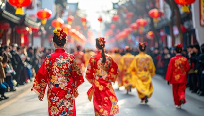 Photorealistic outdoor lifestyle image of a Lunar New Year parade captured from mid-distance, featuring performers moving through the street, crowds watching along the sides, natural motion blur, and 