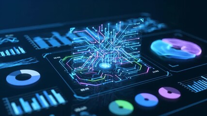 Futuristic digital dashboard with glowing blue circuits and financial data charts. - Powered by Adobe