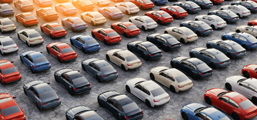Large group of colorful modern cars parked in rows at outdoor lot
