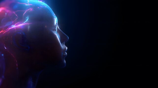 Futuristic portrait reveals glowing brainwaves visualizing mental activity and neural network connections - Powered by Adobe