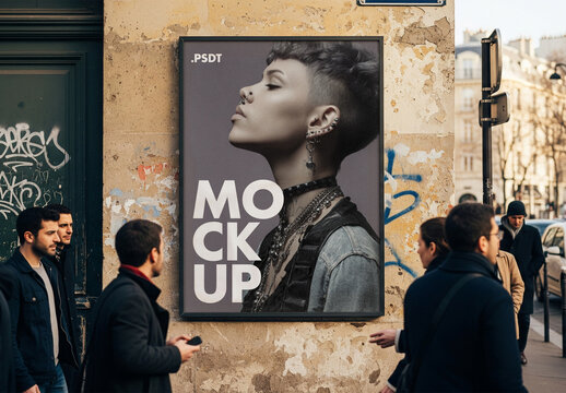 Urban poster mockup on city wall