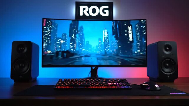 Gaming PC setup with RGB keyboard speakers and curved monitor displaying city.