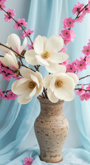 Floral arrangement of white magnolia and pink blossoms in vase  