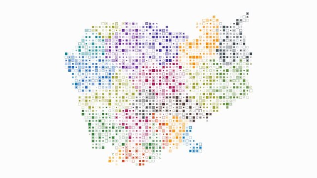 Cambodia animated country shape. Pulsating colored dots on the map of the country. Small size square blocks. Digital style Cambodia map on white background. Plain animation video.