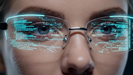 Close up of a woman's face wearing futuristic smart glasses with a digital data overlay. - Powered by Adobe