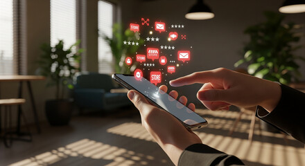 Person uses smartphone to interact with glowing digital icons representing communication and data in a modern office