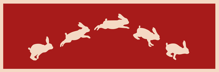 Hand drawn illustration with white rabbit jumping on a red background. Vector illustration. © comics star