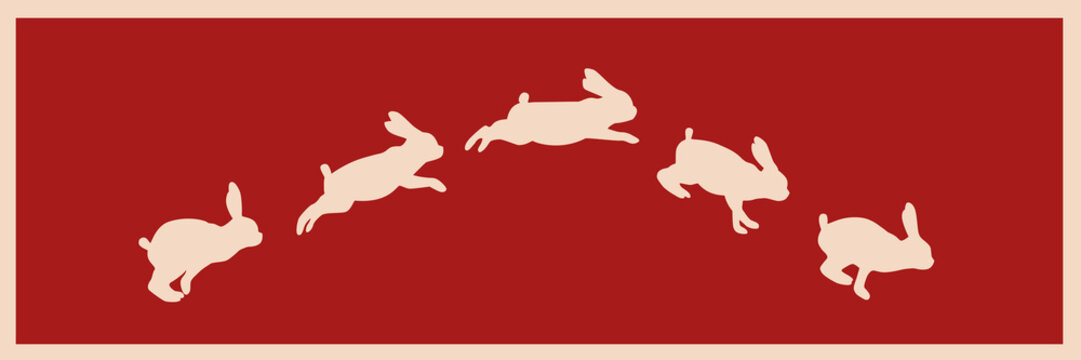 Hand drawn illustration with white rabbit jumping on a red background. Vector illustration.