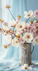 White and pink blossom branches in rustic vase on blue background  