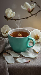 Tea cup with steam and magnolia flowers on soft background  