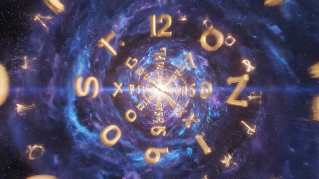 Golden Clock Face with Zodiac Symbols Floating in Nebula and Starry Galaxy