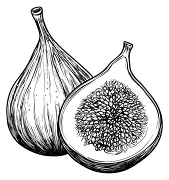 Hand drawn line art fig set featuring whole and half figs for healthy eating and botanical designs