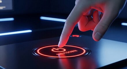 Close-up of a finger pressing a glowing red power button on a futuristic dark surface, symbolizing activation and technology.