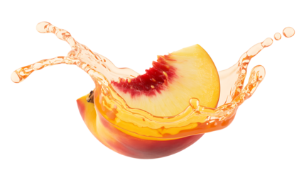Juicy peach exploding in mid air isolated on transparent background