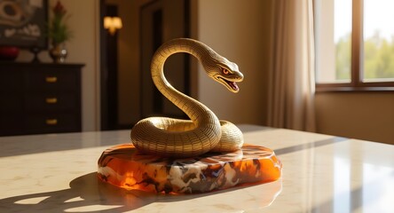 Stylized cobra sculpture with metallic and amber tones on a polished agate base, illuminated by soft natural light, creating a luxurious, elegant and artistic interior atmosphere.