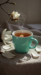 Hot tea in turquoise cup surrounded by magnolia flowers and petals  