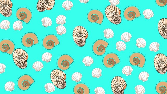 Seamless seashell pattern motion background with gentle looping animation, creating a calm coastal feel for summer branding, videos, and digital visuals.