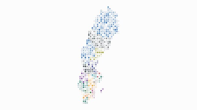 Sweden animated country shape. Pulsating colored dots on the map of the country. Small size circle blocks. Digital style Sweden map on white background. Amazing animation video.