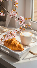 Croissant and coffee on a tray with cherry blossoms by the window  