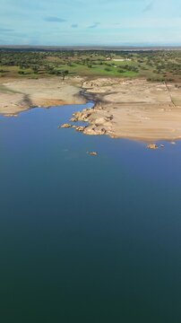 Lake landscape viewed from above at Almendra Reservoir, Spain