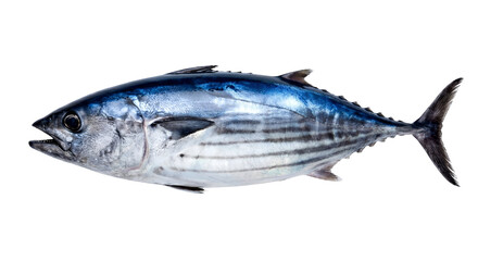 Fresh Skipjack Tuna fish with vibrant blue and silver iridescent scales and distinctive dark stripes, presented whole in a clean studio shot, raw and ready for culinary use, isolated on transparent ba