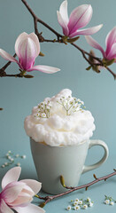 Cup of whipped cream topped with flowers on soft blue background  