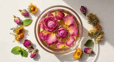Rose petals and herbs in a glass bowl on a white background  