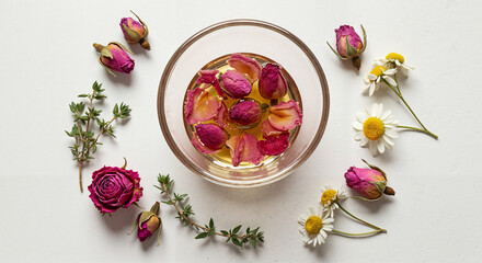 Floral tea with rosebuds and chamomile flowers in glass bowl  