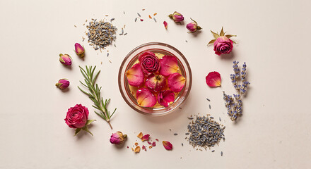 Decorative bowl with rose petals and lavender on neutral background  