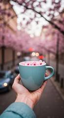 Hand holding a blue coffee cup with marshmallows in cherry blossom street  