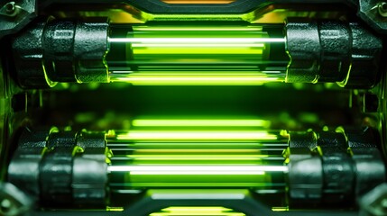 Futuristic energy technology concept showcasing a glowing neon green nuclear battery design