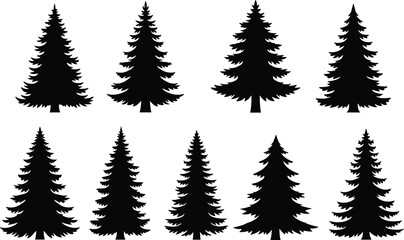 Pine tree silhouettes set, evergreen forest conifer shapes, black fir trees collection, nature icons, vector illustration isolated