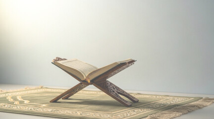 al quran Open book on wooden stand resting on a prayer mat