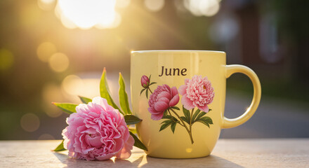 Yellow mug with peony flowers and sunlight in summer setting  