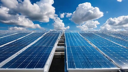 Solar Panels and Sky's Embrace: An expansive array of solar panels, glistening under a sky adorned with puffy clouds. A visual celebration of renewable energy and sustainable resources.