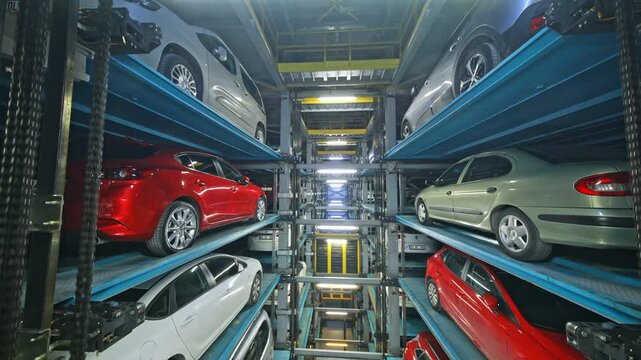 A multi-level automated robotic parking system showing stacked vehicle platforms, steel support structures, rail mechanisms, and cars arranged in a high-tech vertical parking facility.