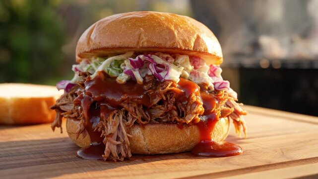 Juicy pulled pork sandwich with slaw and barbecue sauce on a toasted bun outdoors on a wooden board