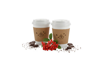 Two cardboard coffee cups with a chocolate sprig of viburnum and mountain ash on a white background, isolated.

