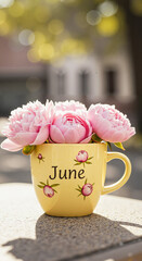 Yellow cup with pink peony flowers labeled 'June' on outdoor table  