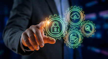 Business professional managing interconnected digital security and cloud data protection systems